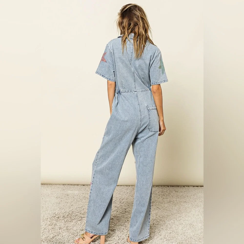 RHINESTONE STAR DENIM JUMPSUIT COVERALLS - Picture 6 of 6